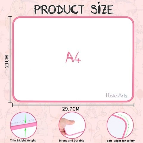 Pastel Arts Double Sided whiteboard with markers and eraser, lined/blank, A4, Non Magnetic, Pink Frame