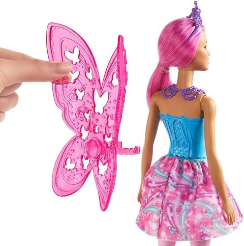 Barbie Dreamtopia Fairy Doll, 12 Inch, Pink and Blue Gem Print, Hair and Wings, Gift for 3-7 Years Kids