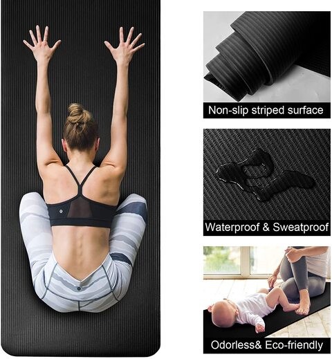 Yoga Mat - Non Slip Yoga Mat with Yoga Mat Strap Included - 10mm Thick Exercise Mat Black