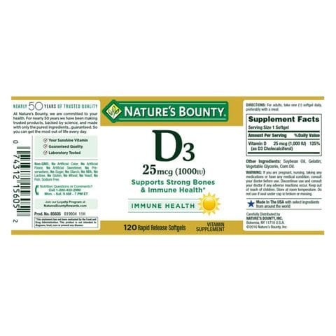 Nature's Bounty Vitamin D3 1000 IU Dietary Supplement 100 Softgels