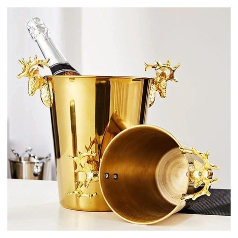 ALISSA-2L-Deer Head Decorative Ice Bucket Home Gold European Champagne Bucket Shelf Stainless Steel Ice Bucket, Gold.