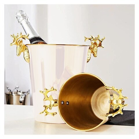 ALISSA-2L-Deer Head Decorative Ice Bucket Home European Champagne Bucket Shelf Stainless Steel Ice Bucket, White.