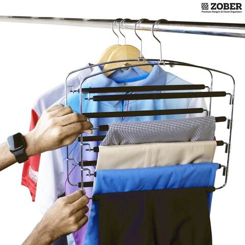 ZOBER 5 Layer Pants Hanger Stainless Steel Slack Hangers with Foam Coated Swing Arms Hang scarfs, pants, trousers, jeans etc. (2)