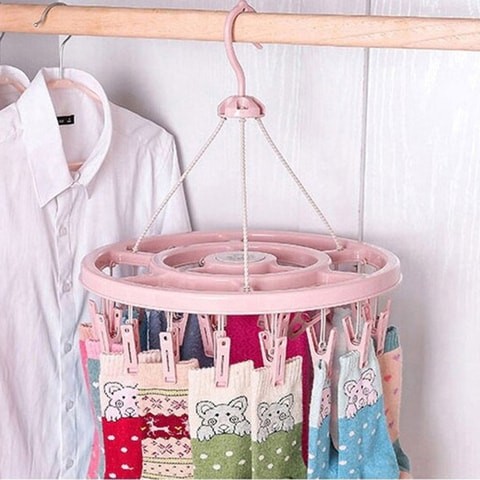 ALISSA-24- Clip Round Plastic Hanging Dryer Type Laundry Drying Rack Multifunctional Plastic Underwear Socks Home Drying Rack, Pink.