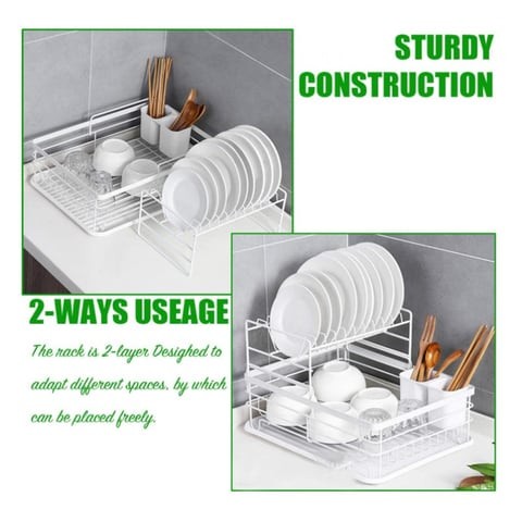 ALISSA-2 Tier Dish Drying Bowl Storage Rack With Drainer,Plate Organizer Utensil Holder with Drip Tray, White.