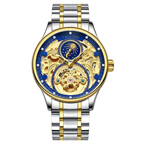 TEVISE-TEVISE T820A Business Men Automatic Mechanical Watch Moon Phase Time Display Fashion Casual Stainless Steel Strap 3ATM Waterproof Male Wristwatch