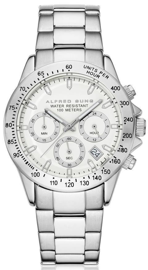 Alfred Sung - Men&#39;s Mach Multi-Function Analog Watch AS1401S-7A | Silver Colour | White Dial | Stainless Steel | Water Resistant