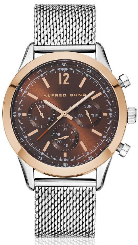 Alfred Sung - Men&#39;s Oculus Multi-Function Analog Watch AS1002SM-5R | Brown Dial | Stainless Steel | Water Resistant