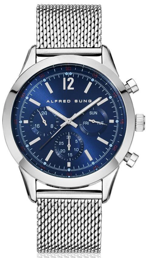 Alfred Sung - Men&#39;s Oculus Multi-Function Analog Watch AS1001SM-2B | Silver Colour | Blue Dial | Stainless Steel | Water Resistant