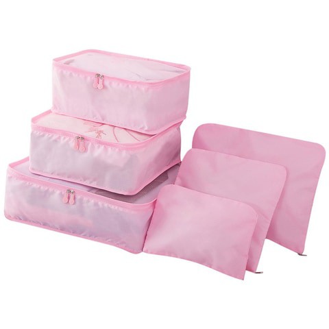 Generic-6pcs/set Lightweight Luggage Travel Bags Men and Women Packing Cubes Organizer Compression Pouches  Fashion Double Zipper Waterproof Polyester Bag Suitcase （pink）