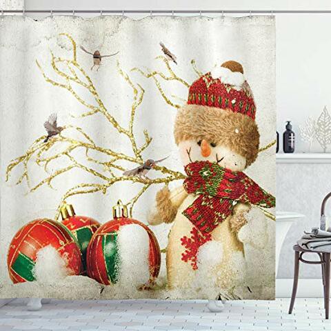 Ambesonne Christmas Shower Curtain, Cloth Fabric Bathroom Decor Set With Hooks, Snowman With Hat, 70&quot; Long