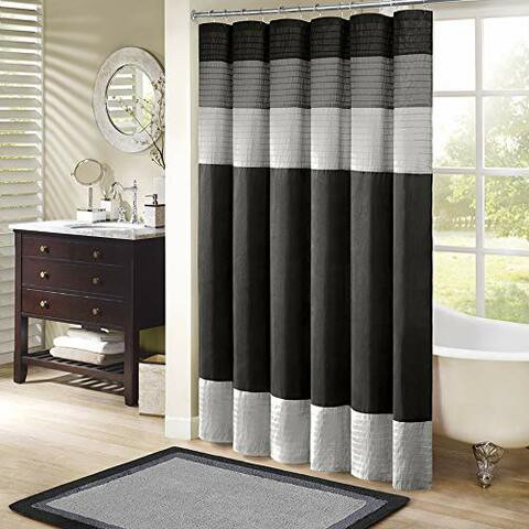 Madison Park Amherst Bathroom Shower Faux Silk Pieced Striped Modern Microfiber Bath Curtains, 72X72 Inches, Black