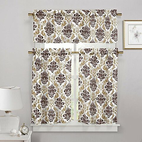 Duck River Textiles - Melbourne Faux Linen Printed Medallion Kitchen Tier &amp; Valance Set | Small Window Curtain For Cafe, Bath, Laundry, Bedroom - (Brown)