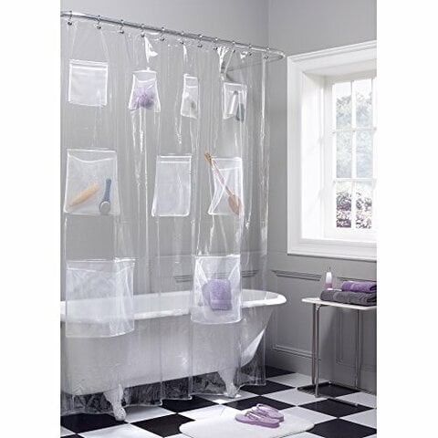 Maytex Quick Dry Mesh Pockets Waterproof Peva Shower Curtain Or Liner, Bath / Shower Organizer, Clear, 70 Inches X 72 Inches