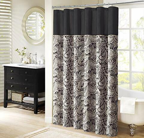 Madison Park Aubrey Shower Curtain Paisley Jacquard Pieced Microfiber Faux Silk Modern Home Bathroom Decorations Bathtub Privacy Screen, 72&quot; X 72&quot;, Black