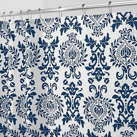 Mdesign Long Decorative Damask Print - Easy Care Fabric Shower Curtain With Reinforced Buttonholes, For Bathroom Showers, Stalls And Bathtubs, Machine Washable - 72&quot; X 84&quot; - Navy Blue/White