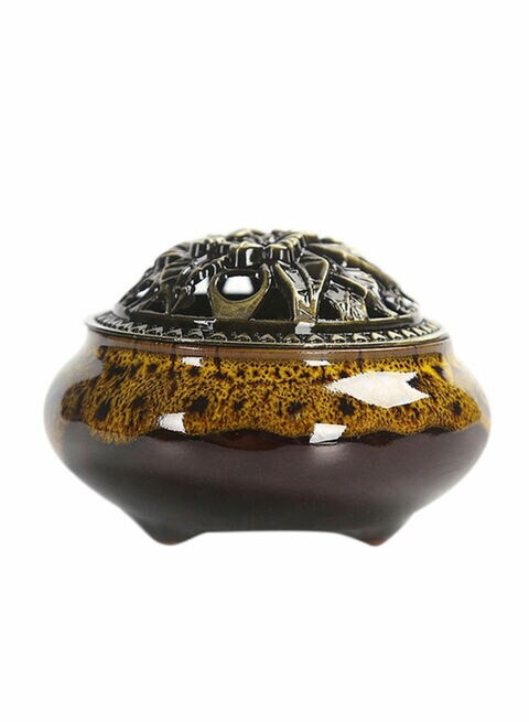 Generic Antique Delicate Ceramic Body Copper Cover Sandalwood Incense Burner Brown 10x7.4x7.2cm