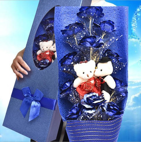 Generic - 11pcs 24k Gold Plated Blue Rose With Teddy Set Bouquet