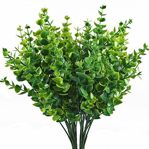 HOGADO Artificial Plants, 4pcs Fake Plastic Plant Eucalyptus Leaves Faux Tree Shrubs Bushes Indoor Outside Home House Garden Office Decor Green