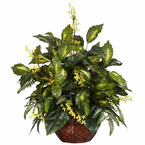 Nearly Natural 6644 Forsythia and Mixed Greens Decorative Silk Plant, Green