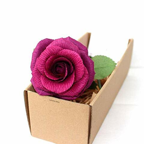 Camellia Bees Paper Rose in Gift Box 1st Year Wedding Gift Handmade Paper Flower, Present for Wife or Husband on Valentines Day, Wedding Anniversary, Mothers Day, Birthday (Dark red Burgundy)