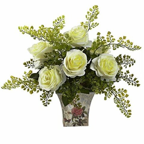 Nearly Natural 1379-WH Rose 7 Maiden Hair with Floral Planter, White,17.25&#39;&#39; x 7&#39;&#39;