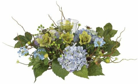 Nearly Natural 4632-BL Hydrangea Candleabrum Decorative Centerpiece, Blue,9 x 11.25 x 13