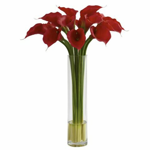 Nearly Natural 1347 Red Calla Lily with Large Cylinder Vase