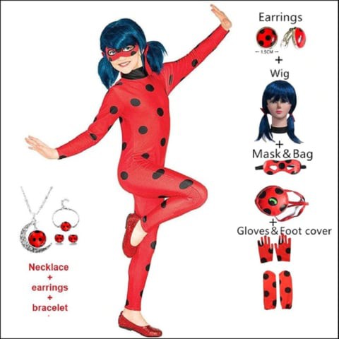 Kid&rsquo;s Beetle Costume Ladybug Black Cat Noir Boy or Girl Cosplay Outfit Clothing with Wig Jumpsuit Halloween Party Masquerade with 3pcs/Set Jewellery (XS-3-4Y, Ladybug_Outfit)