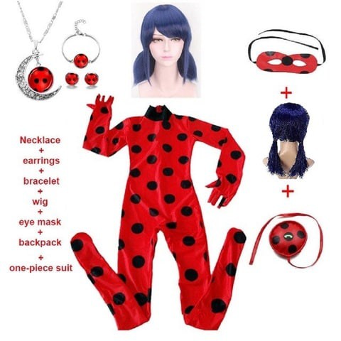 Kid&rsquo;s Beetle Costume Ladybug Black Cat Noir Boy or Girl Cosplay Outfit Clothing with Wig Jumpsuit Halloween Party Masquerade with 3pcs/Set Jewellery (XL 10-11Y, LadyBug_Jumpsuit)