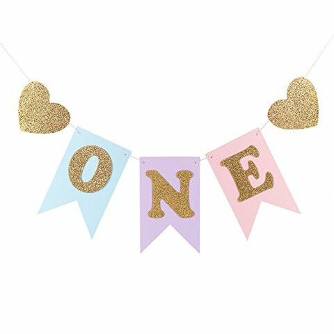 Lxzs-Bh Blue And Pink 1St Birthday Banner, Glitter&quot;One&quot; And Heart Shapes, For Baby Girl, Baby Shower, High Chair Decoration, Wall Decor