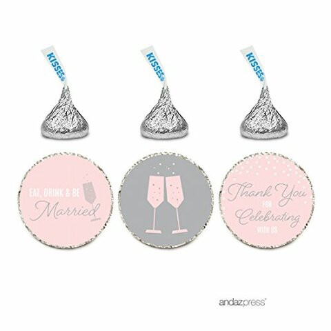 Andaz Press Pink Blush And Gray Pop Fizz Clink Wedding Collection, Chocolate Drop Label Stickers Trio, 216-Pack, Fits Hershey&#39;s Kisses Party Favors