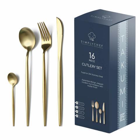 IMPLY CHEF: TAKUMI Gold Luxury Kitchen Cutlery Set 16 pcs with Knives | Flatware  set for 4