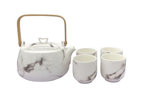 H&amp;L Zakka - Simple Design Marble Cup &amp; Pot Tea Set With Wood Handle