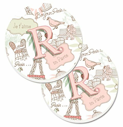 Caroline&#39;s Treasures CJ2002-RCARC Letter R Love in Paris Pink Set of 2 Cup Holder Car Coasters, Large, multicolor