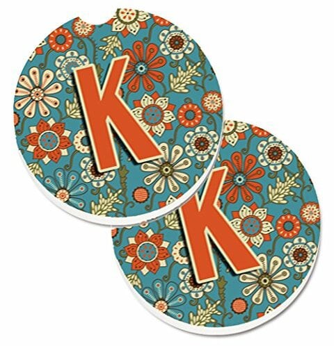 Caroline&#39;s Treasures CJ2012-KCARC Letter K Flowers Retro Blue Set of 2 Cup Holder Car Coasters, Large, multicolor