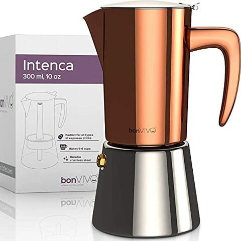 bonVIVO Intenca Stovetop Espresso Maker - Luxurious Italian Coffee Machine Maker, Stainless Steel Espresso Maker Full Bodied Coffee, Espresso Pot For 5-6 Cups, 10 oz Moka Pot Copper Chrome Finish