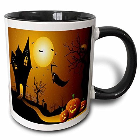 3Drose Halloween House With Pumpkins, Skulls, And Bats And The Grim Reaper Mug, 11 Oz, Black