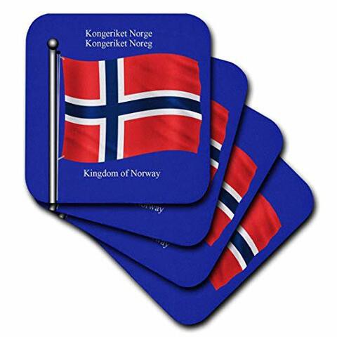 3dRose cst_63190_1 The Flag of Norway on a Blue Background with The Kingdom of Norway in English and Norwegian-Soft Coasters, Set of 4