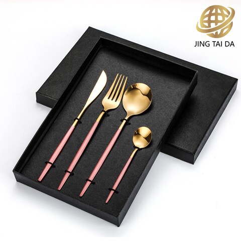 4 Piece Pink Gold Silverware Set, Stainless Steel Flatware Set Including Knife Fork Spoon, Kitchen Utensil Set, Tableware Cutlery Set For Home, Restaurant, Dishwasher Safe