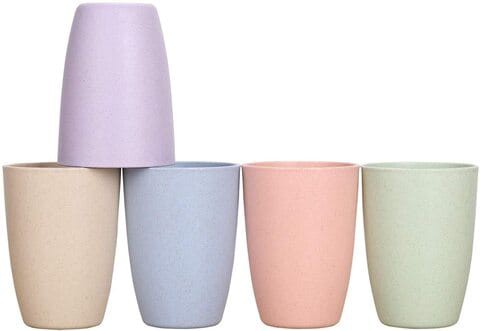 Wheat Straw Unbreakable Cup (12 oz) - Reusable Drinking Glasses Set of 5 - Dishwasher Safe - Great for Kids Children Toddler &amp; Adult - BPA Free &amp; Eco-Friendly