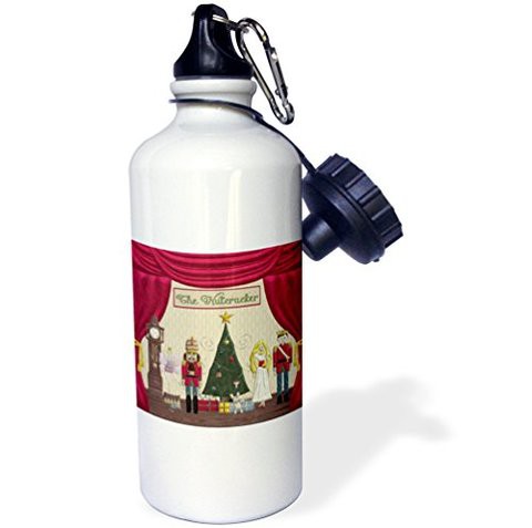 3Drose Nutcracker Prince, Sugar Plum Fairy, Mouse King, Snow Queen, Clock Sports Water Bottle, 21 Oz, White