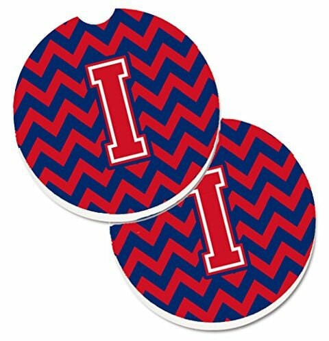 Caroline&#39;s Treasures CJ1054-ICARC Letter I Chevron Yale Blue and Crimson Set of 2 Cup Holder Car Coasters, Large, multicolor