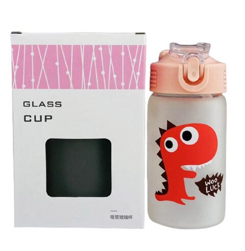 Dinasaur Water Glass Bottle with Straw Pink 350ml