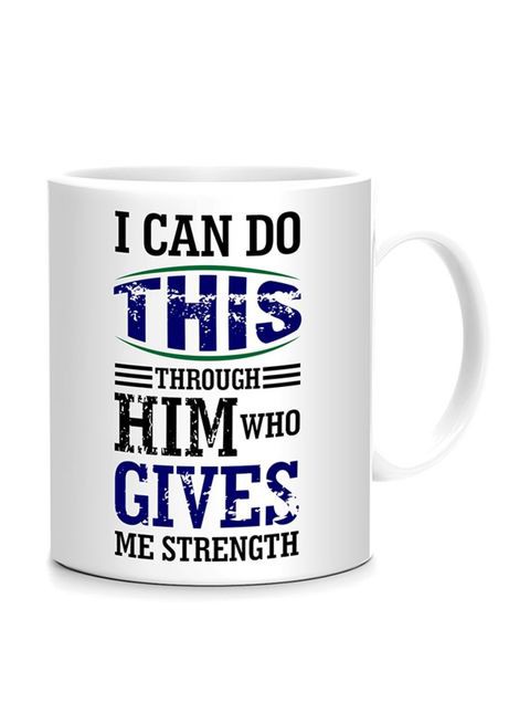 FMstyles I Can Do This Through Him Who Gives Me Strength Mug White/Blue/Black 10 cm