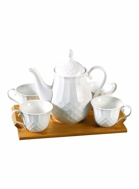 Royalford Porcelain Tea Set With Bamboo Tray White/Brown 30Cm