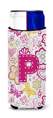 Caroline&#39;s Treasures Letter P Flowers And Butterflies Pink Ultra Beverage Insulators For Slim Cans