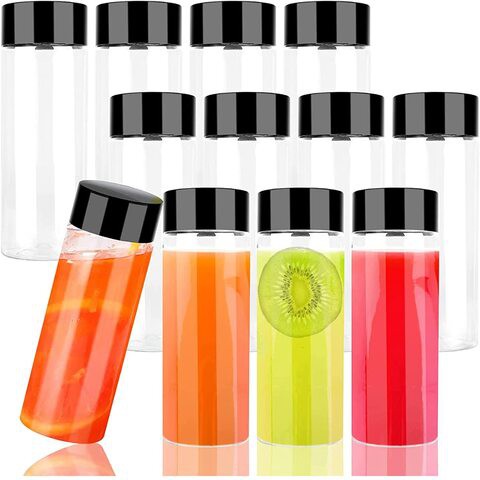 FUFU 12 Pack 8 OZ (250ml) Clear PET Plastic Juice Bottles with Black Lids - Plastic Smoothie Bottles Ideal for Juice, Milk, Homemade