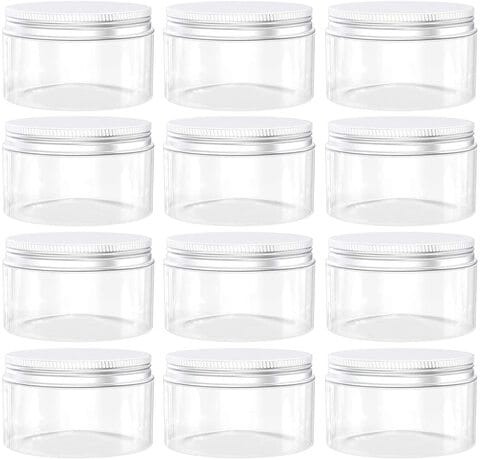 FUFU 10 OZ Plastic Jars with Aluminum Lids,12 Pack Clear Plastic Slime Containers for Dry Food, Crafts and Light Clay