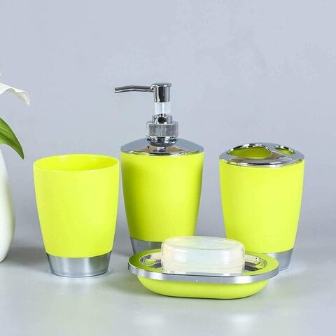 Bathroom Accessories Set 4 Piece Bath Ensemble with Smooth Surface Includes Soap Dispenser, Toothbrush Holder, Toothbrush Cup, Soap Dish for Decorative Countertop and Housewarming Gift, Lime Green